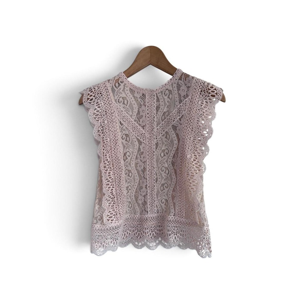 Zara Blush Pink Guipure Lace Sleeveless Ruffle Trim Blouse Top Size S Romantic